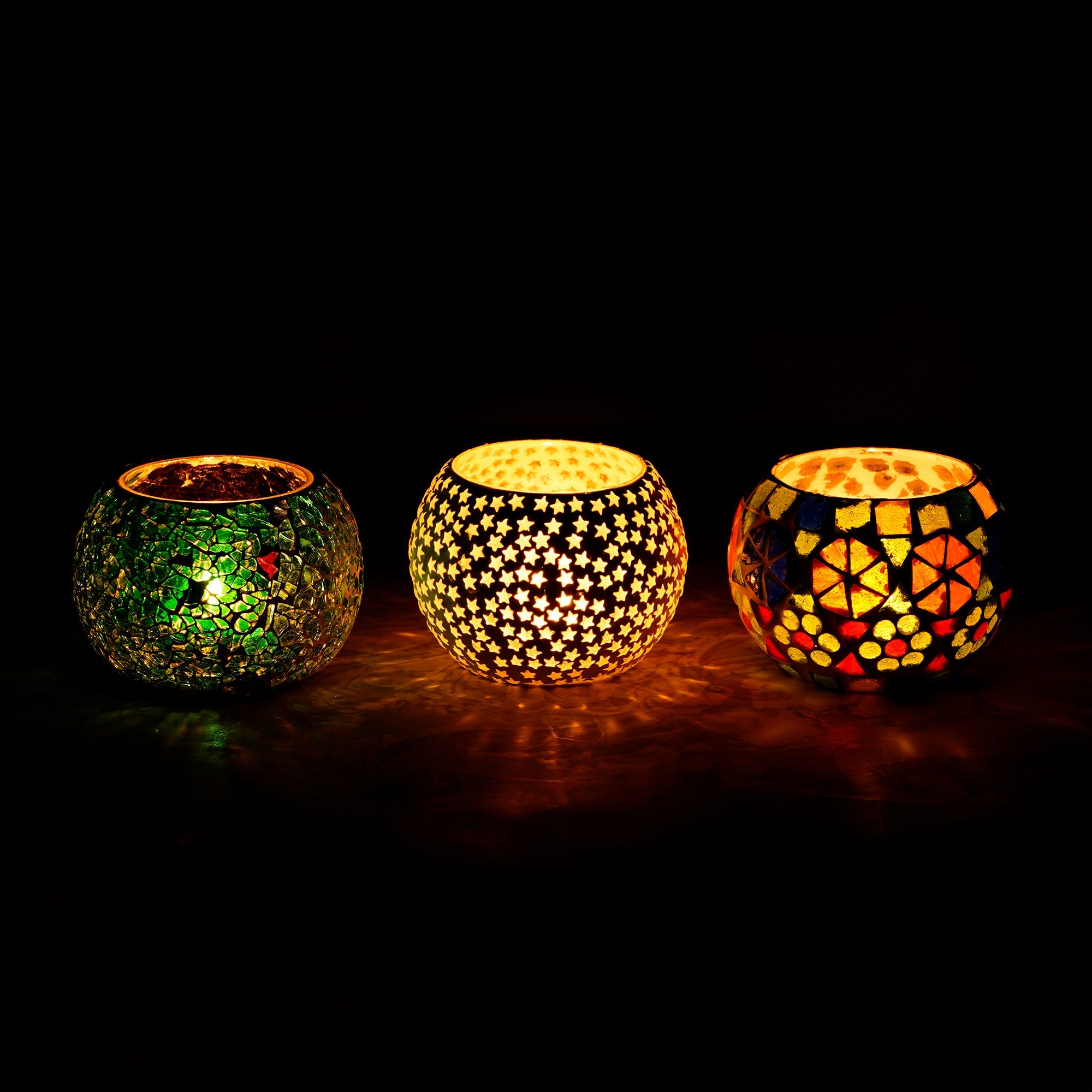 Mosaic Glass Decorative tea light candle holder/Diyas Set of 3 Kafalo