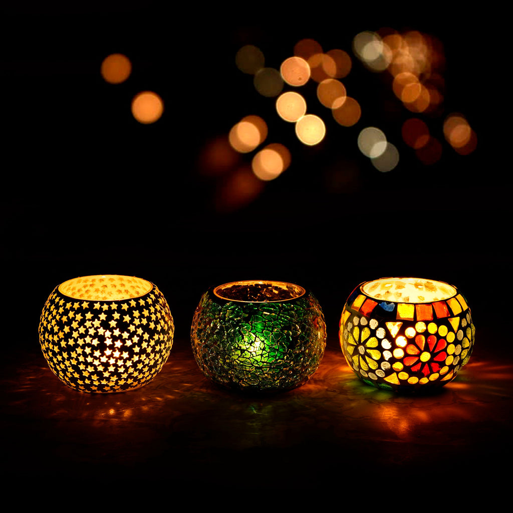 Set of 3 Mosaic Glass Decorative tea light candle holder/Diya Kafalo
