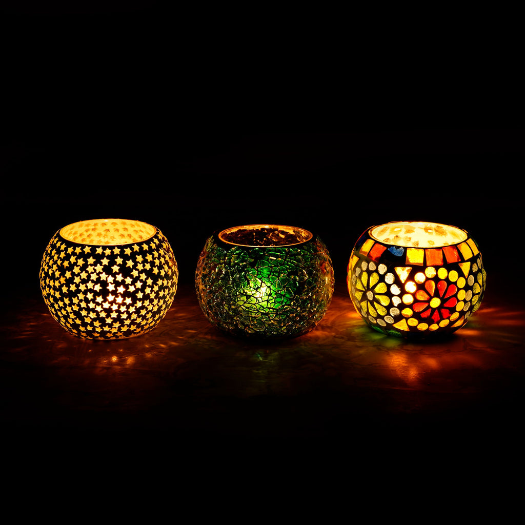 Set of 3 Mosaic Glass Decorative tea light candle holder/Diya Kafalo