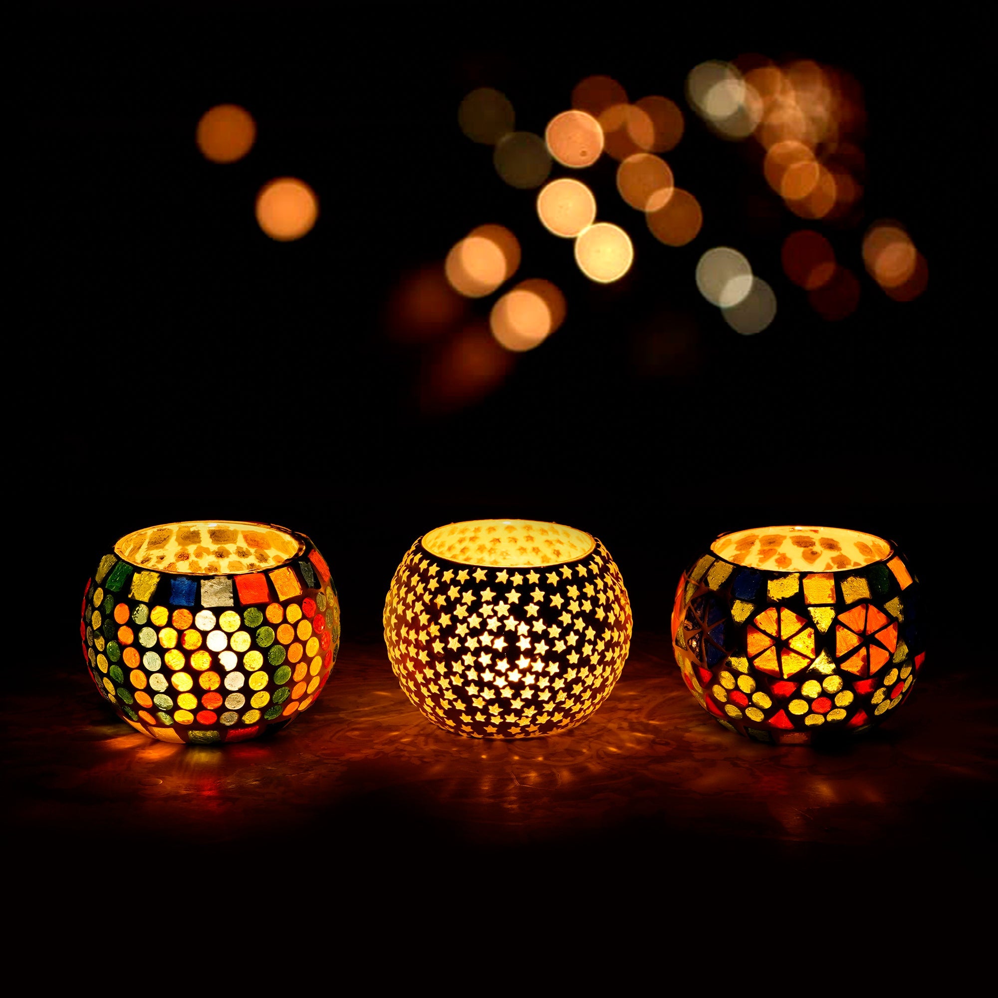 Set of 3 Mosaic Glass tea light candle holder/Diya Kafalo
