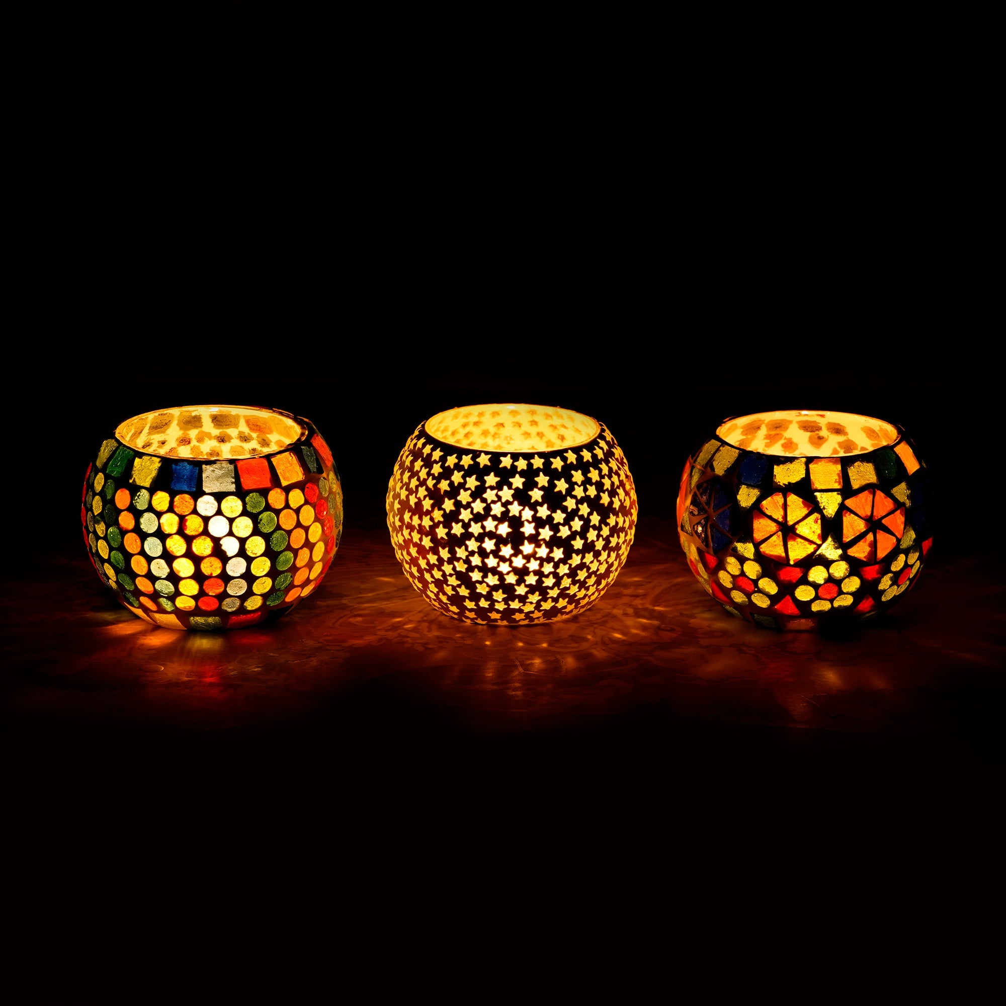 Set of 3 Mosaic Glass tea light candle holder/Diya Kafalo