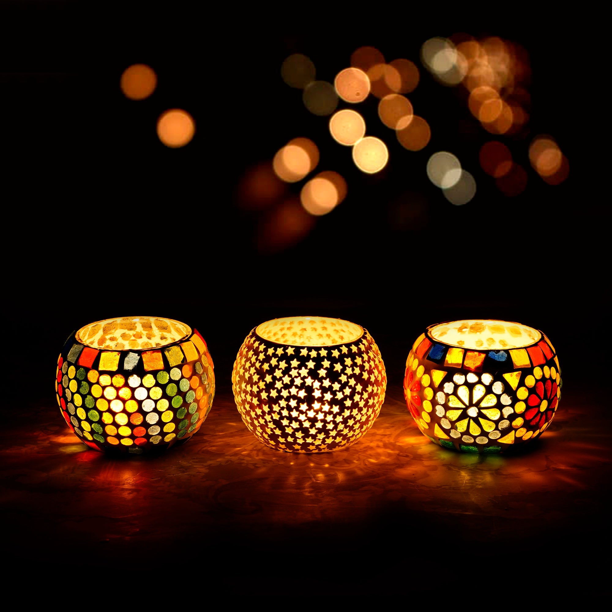 Set of 3 Mosaic Glass Decorative tea light candle holders/Diyas Kafalo