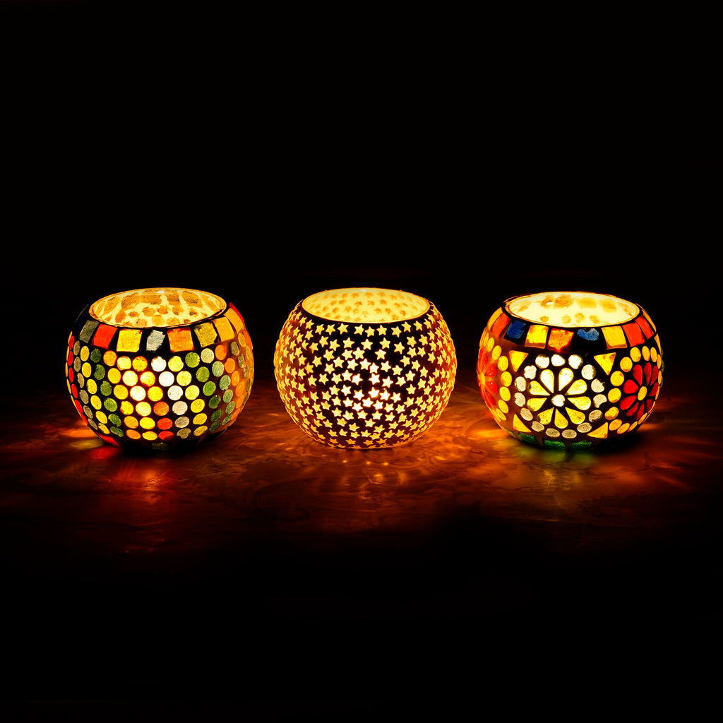 Set of 3 Mosaic Glass Decorative tea light candle holders/Diyas Kafalo
