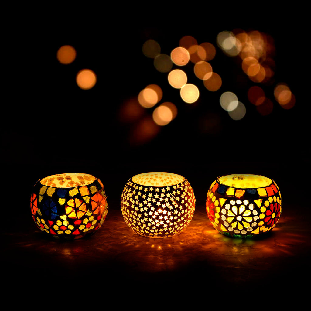 Set of 3 Mosaic Glass Decorative tealight candle holder/Diya Kafalo