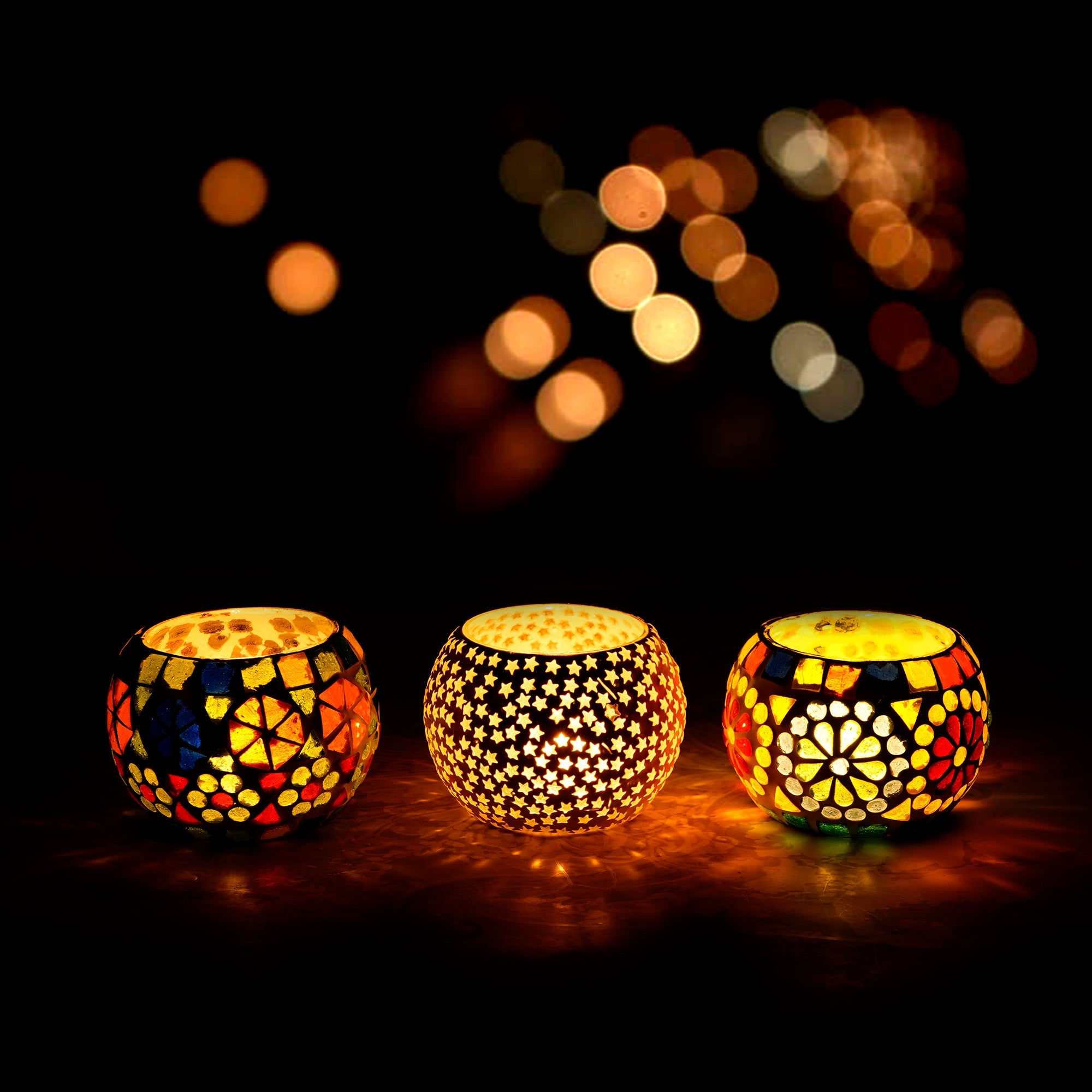 Set of 3 Mosaic Glass Decorative tealight candle holder/Diya Kafalo