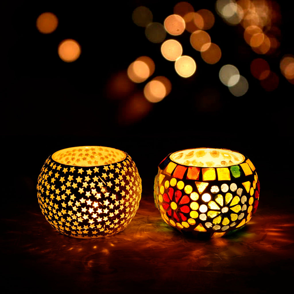 Set of 2 Mosaic Glass Decorative Tea Light Holder/Diya Kafalo