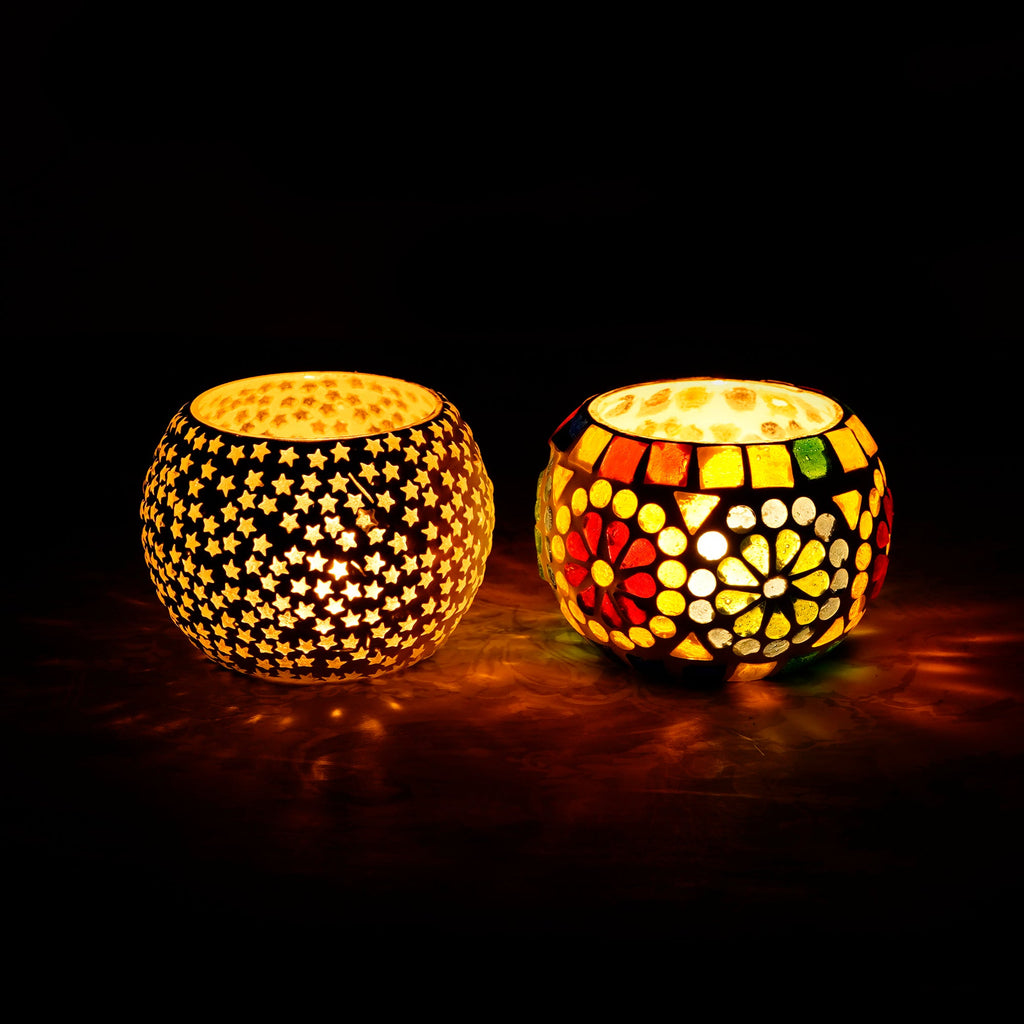 Set of 2 Mosaic Glass Decorative Tea Light Holder/Diya Kafalo