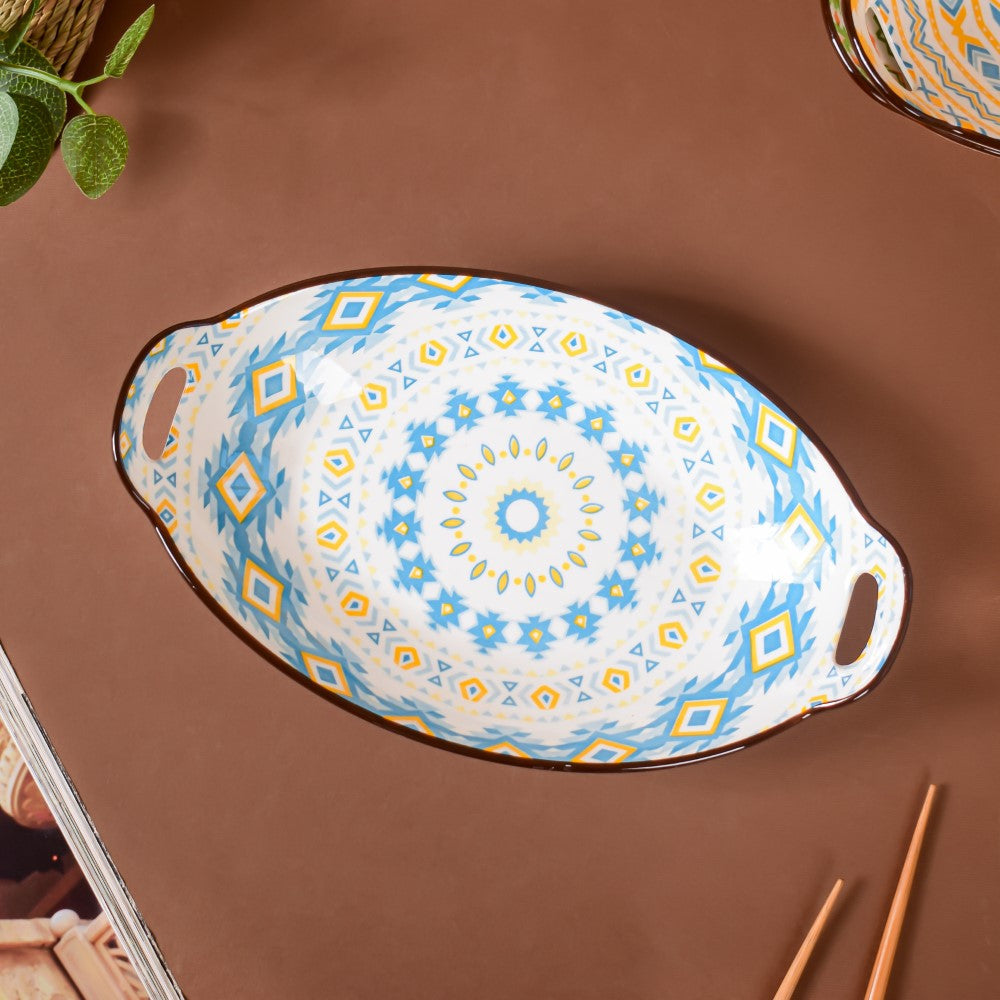Mandala Yellow Diamond Ceramic Baking Plate With Handle Nestasia