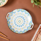 Mandala Blue Ceramic Round Plate With Handle Nestasia
