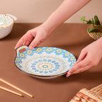 Mandala Blue Ceramic Round Plate With Handle Nestasia