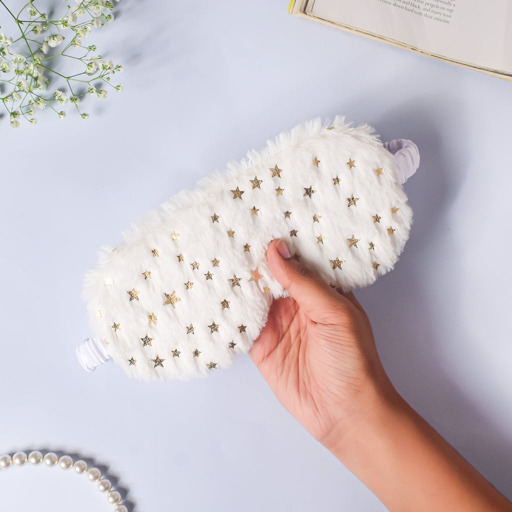 Twinkle Stars Plush White Travel Eye Mask Nestasia