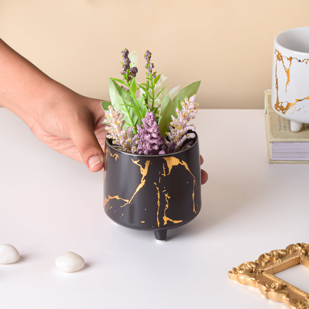 Halcyon Gold Black Marble Ceramic Planter With Legs Small Nestasia