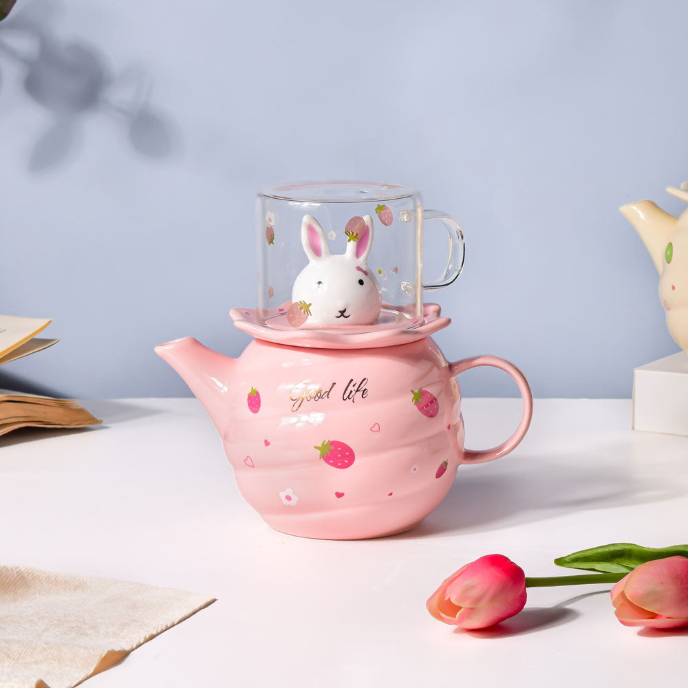 Bunny Tea Cup And Kettle Pink Nestasia