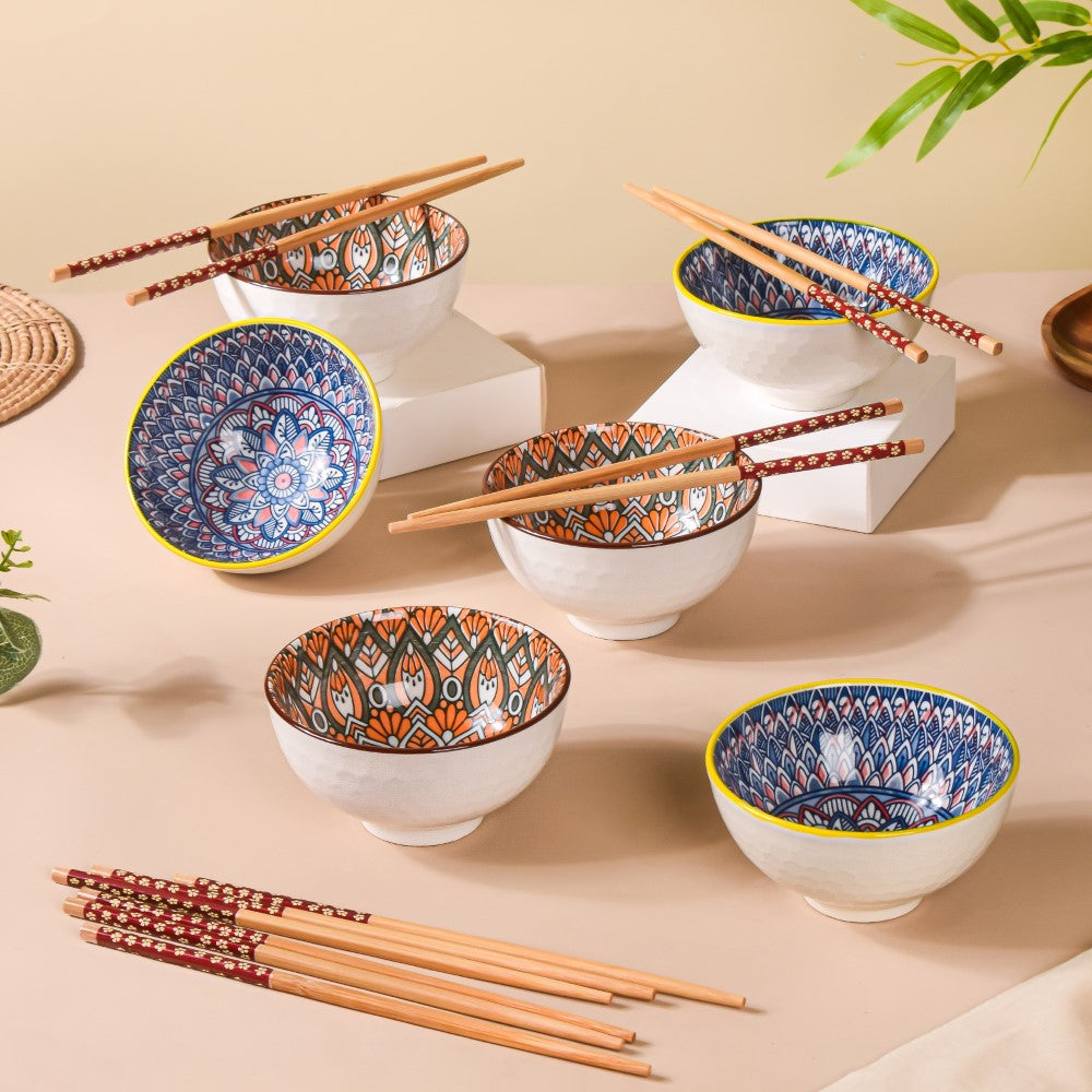 Mandala Snack Bowl & Chopstick Multicolour Set Of 6 Nestasia