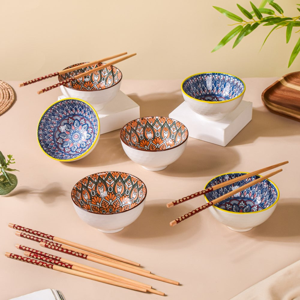 Mandala Snack Bowl & Chopstick Multicolour Set Of 6 Nestasia