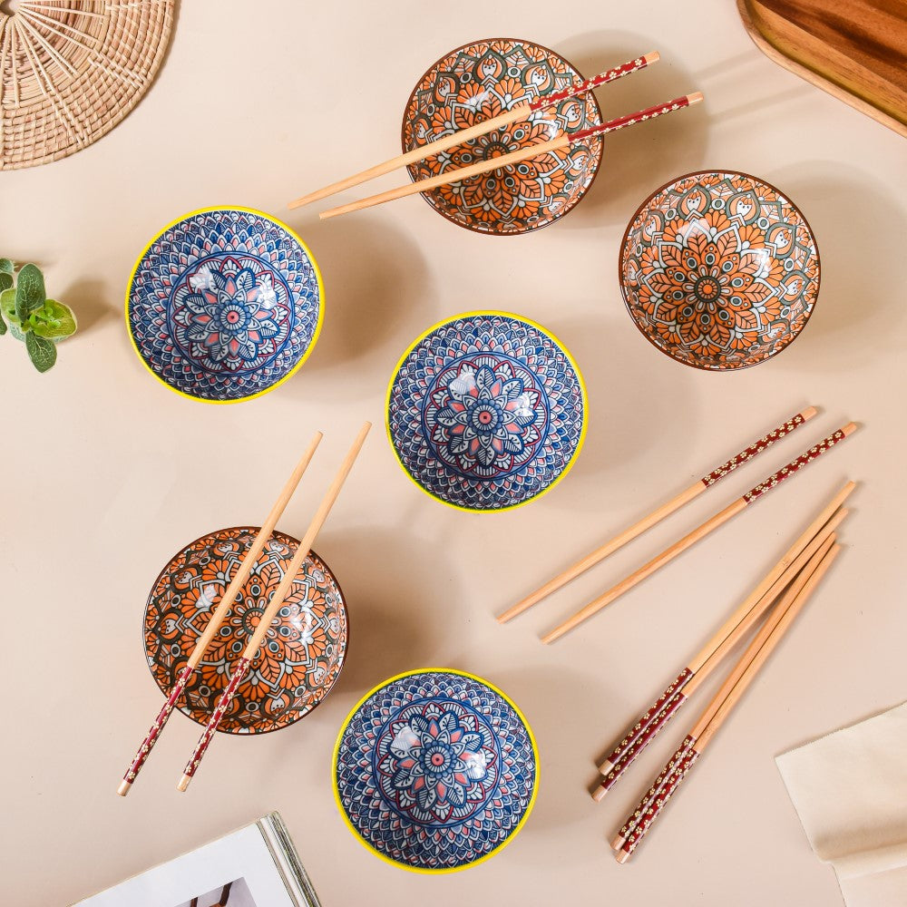 Mandala Snack Bowl & Chopstick Multicolour Set Of 6 Nestasia