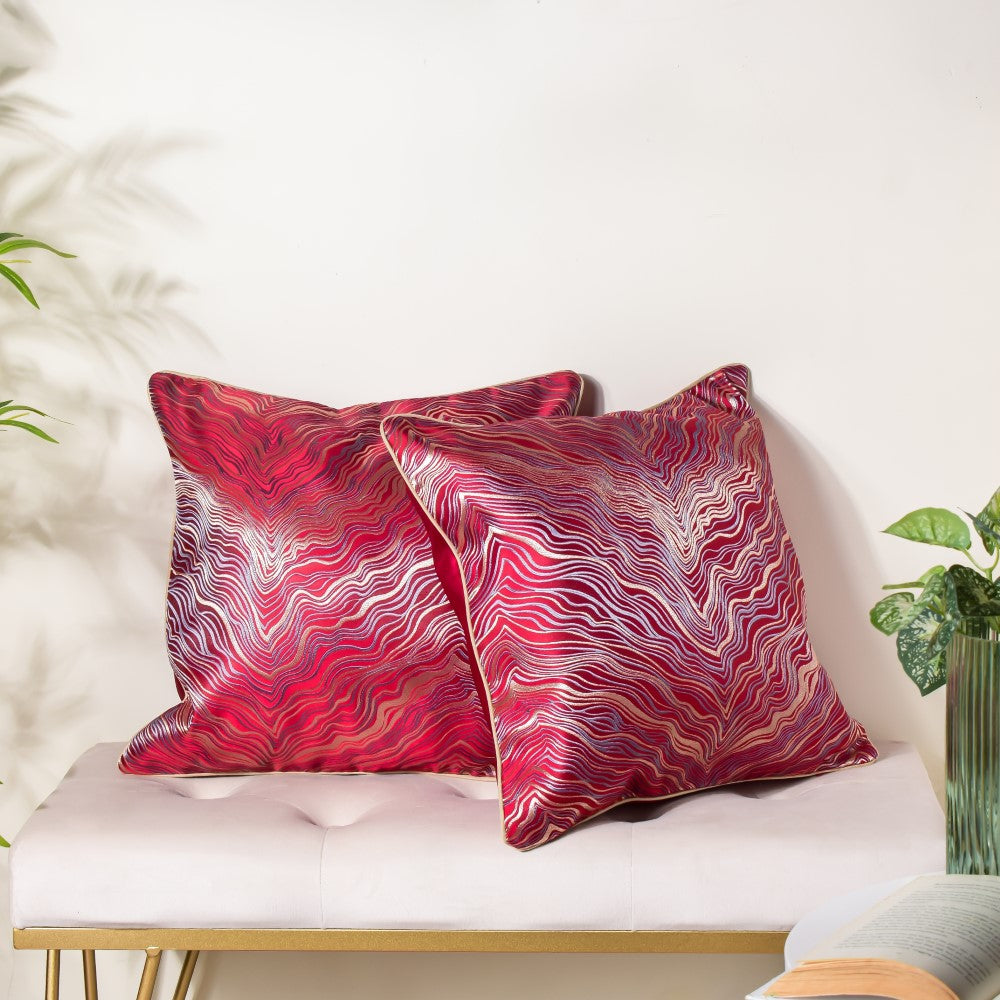 Luxury Embroidered Cushion Cover Red Set of 2 17x17 Inch Nestasia