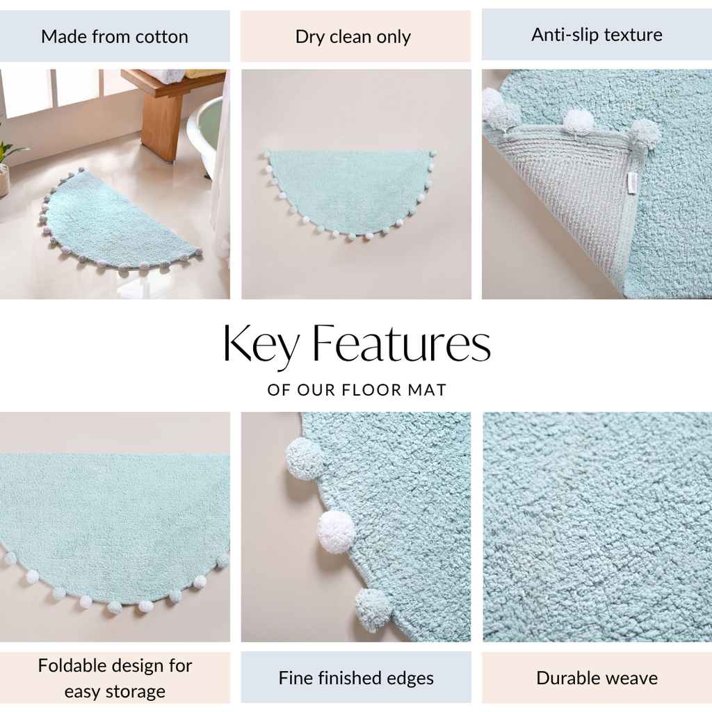 Baby Blue Pom Pom Tufted Cotton Anti Slip Floor Mat 88x47cm Nestasia