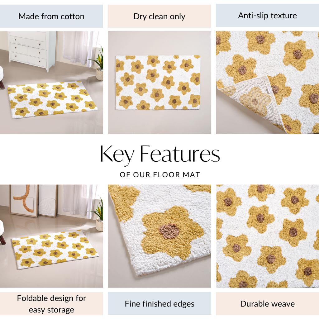 Anti Slip Cotton Yellow Daisy Mat 83x53cm Nestasia