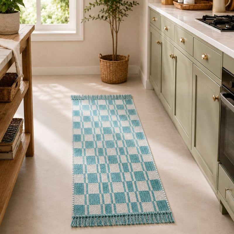 Teal Tide Fringe Cotton Floor Runner 130x50cm Nestasia
