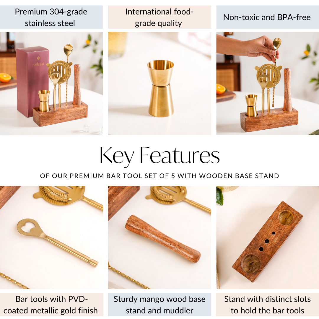 Premium Bar Tool Set Of 5 With Wooden Base Stand Nestasia