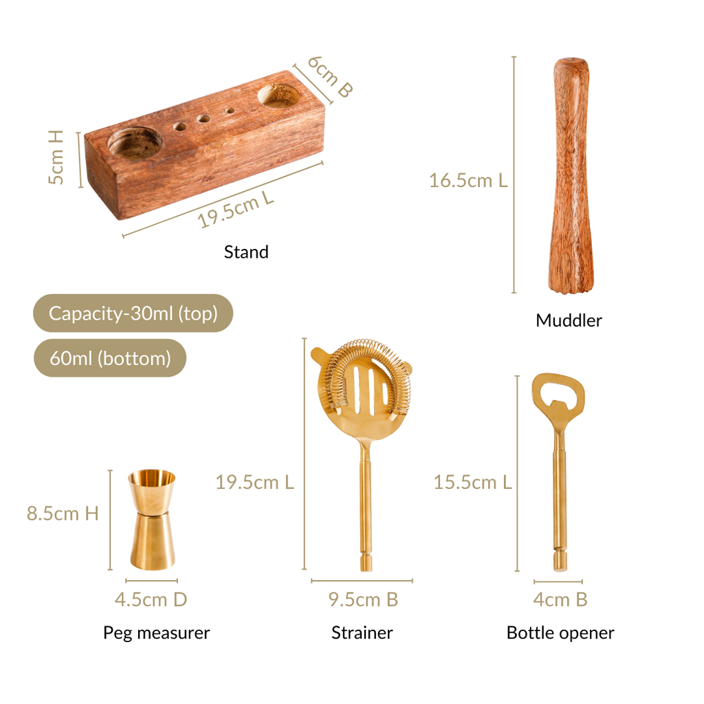 Premium Bar Tool Set Of 5 With Wooden Base Stand Nestasia