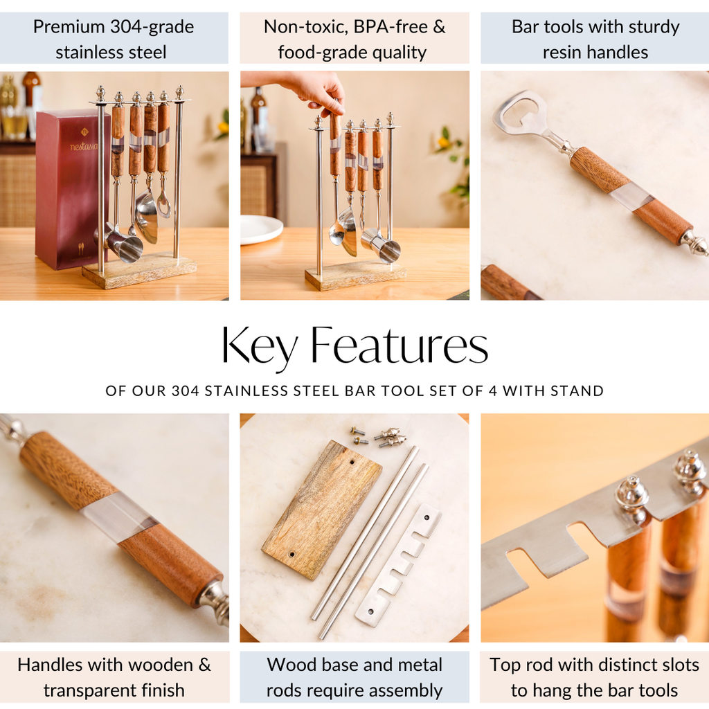 Fusion Wood Resin SS Bar Tool Set Of 4 With Stand Nestasia