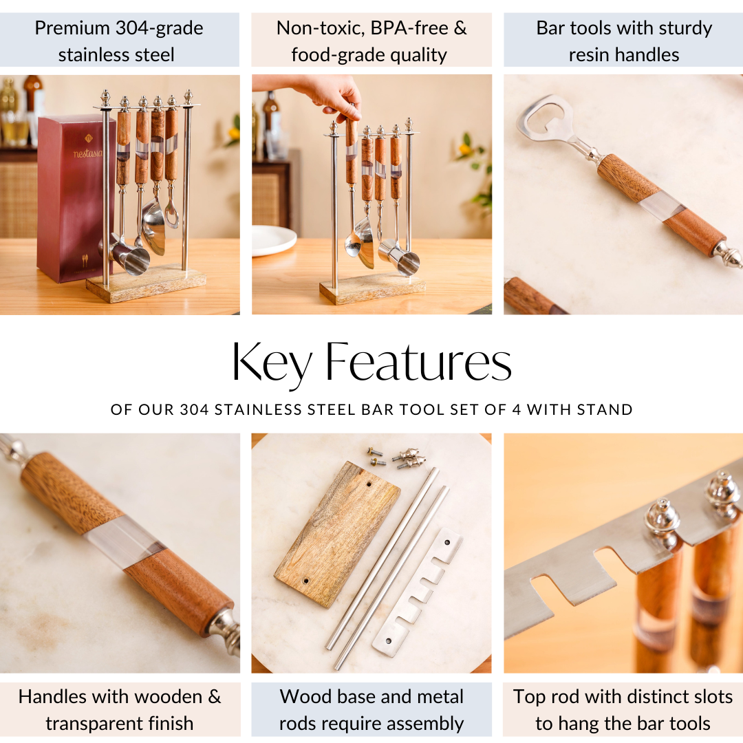 Fusion Wood Resin SS Bar Tool Set Of 4 With Stand Nestasia