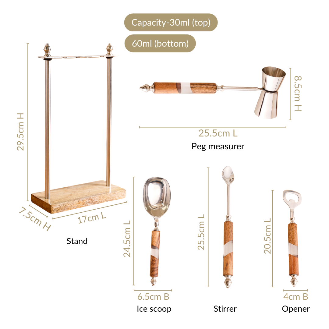 Fusion Wood Resin SS Bar Tool Set Of 4 With Stand Nestasia