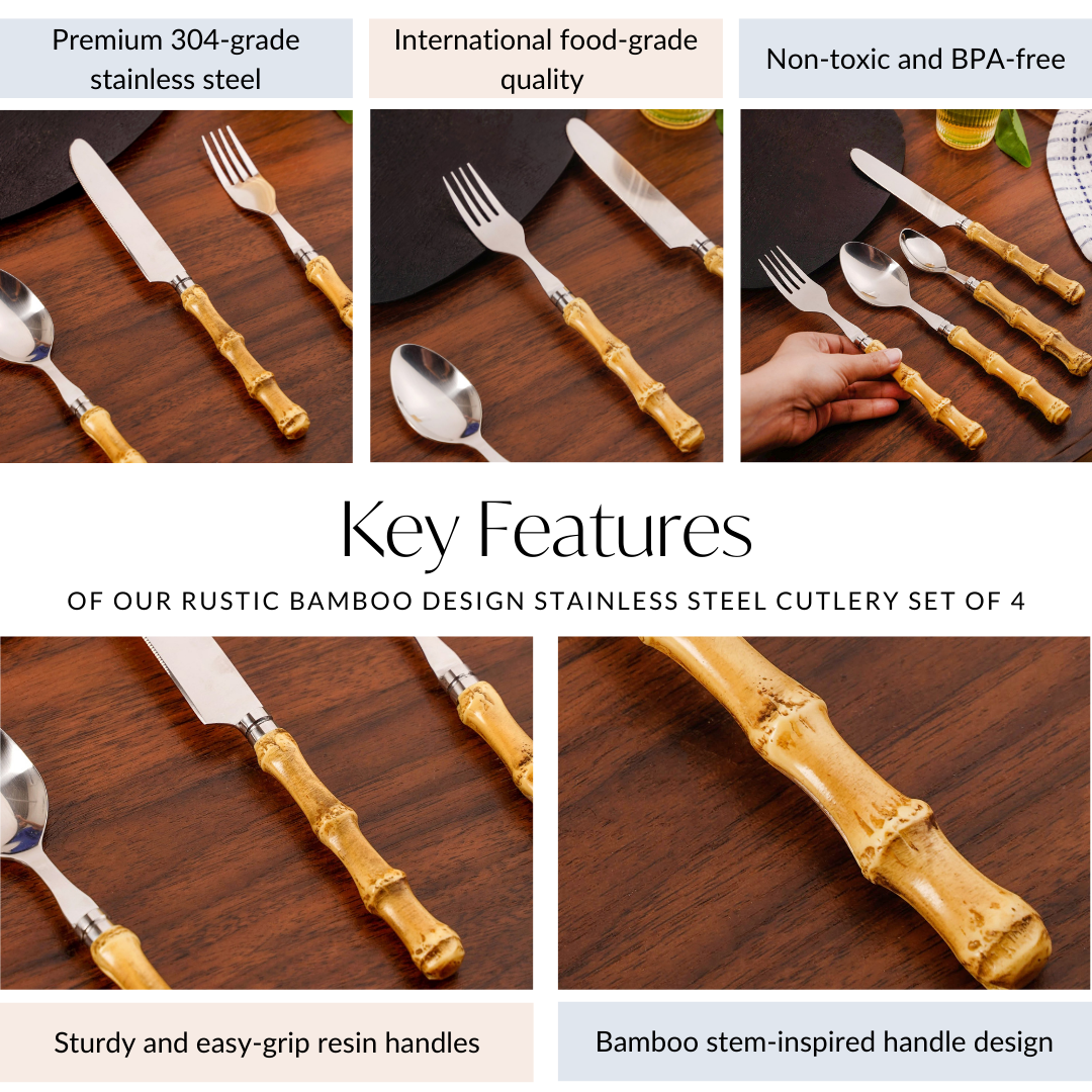 Rustic Bamboo Design Stainless Steel Cutlery Set Of 4 Nestasia