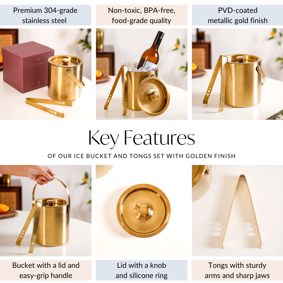 Ice Bucket And Tongs Set With Golden Finish 2000ml Nestasia