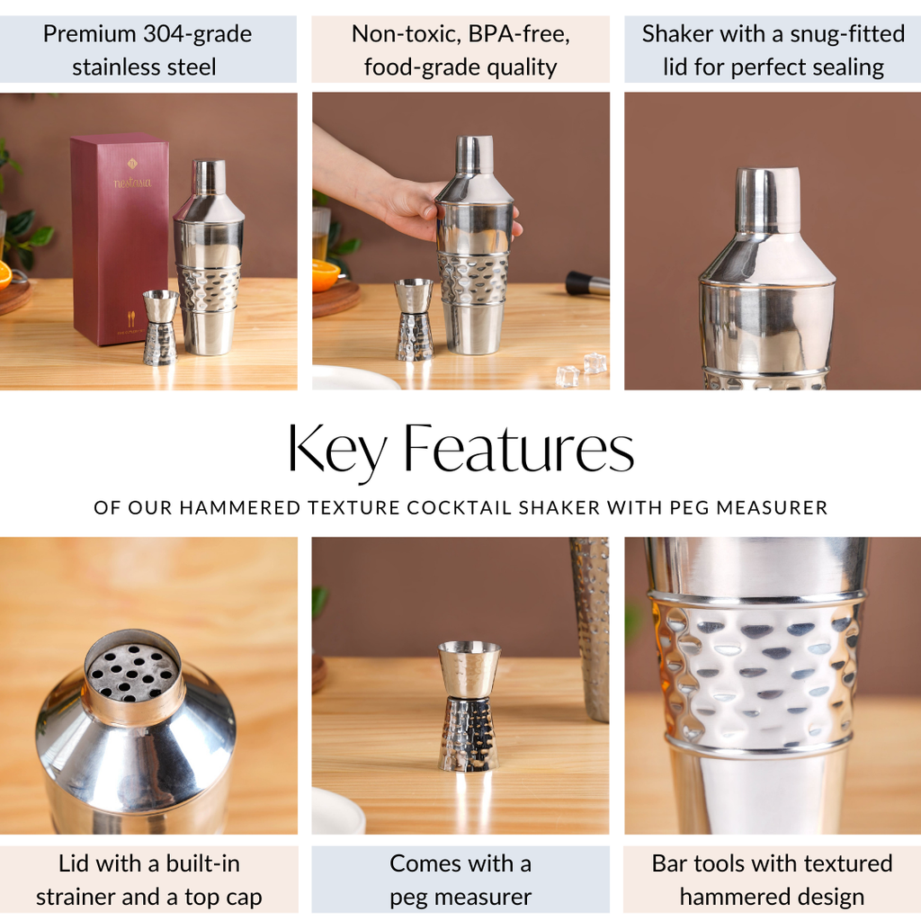 Hammered Texture Cocktail Shaker With Peg Measure Nestasia