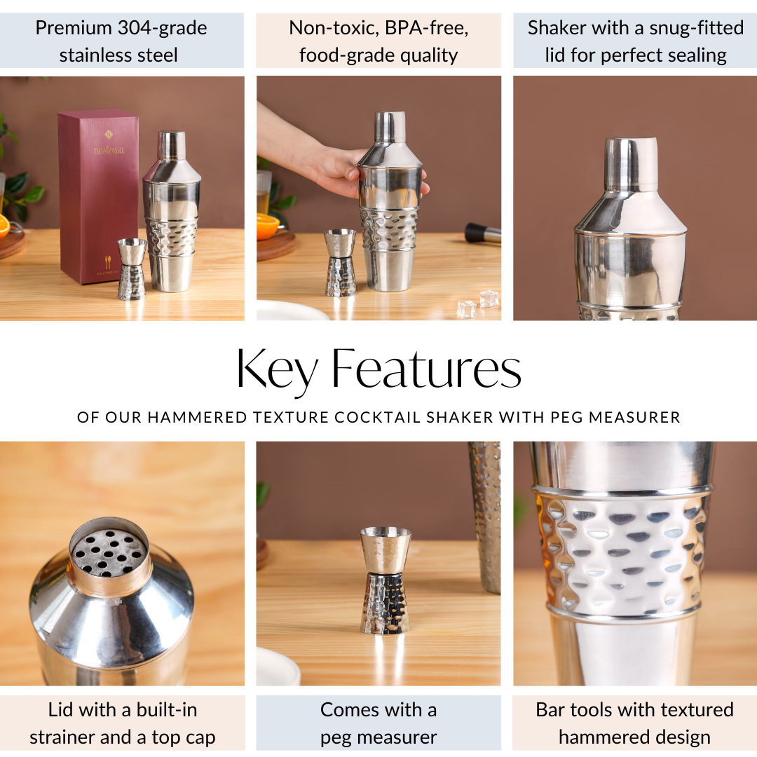 Hammered Texture Cocktail Shaker With Peg Measure Nestasia