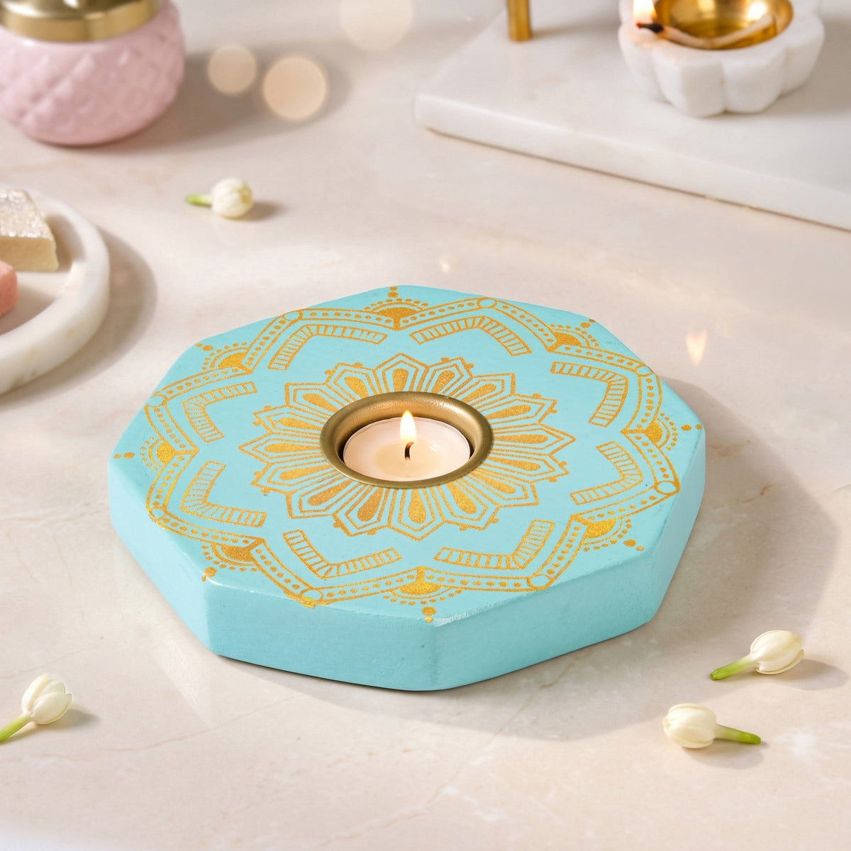 Handpainted Lumia Tealight Holder With Tealight Mint Nestasia