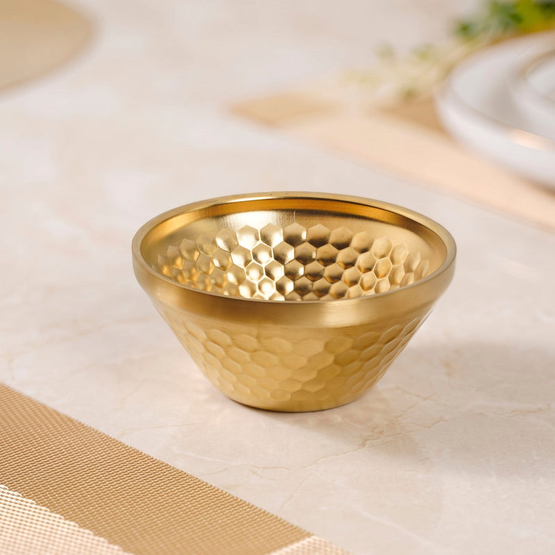 Double Wall Stainless Steel Embossed Snack Bowl Gold 330ml Nestasia