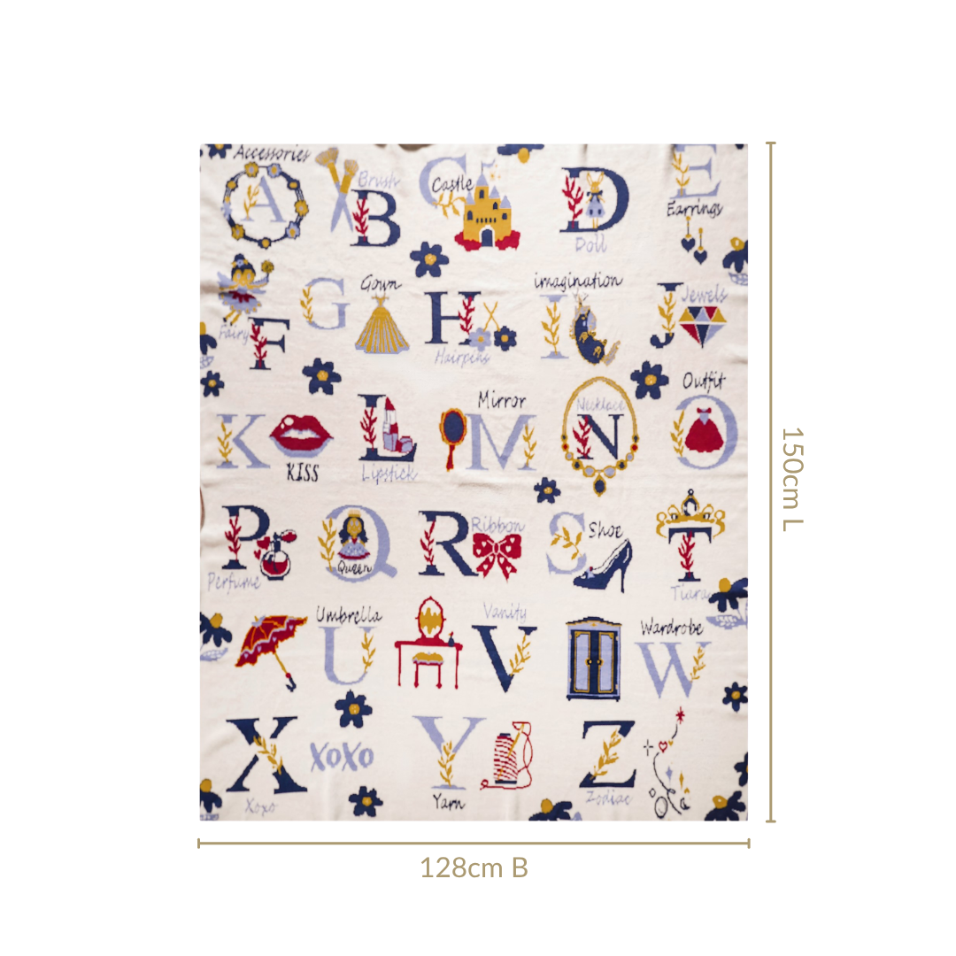 Castle Crown Alphabet Girls Fairytale Knitted Cotton Throw 150x128cm Nestasia