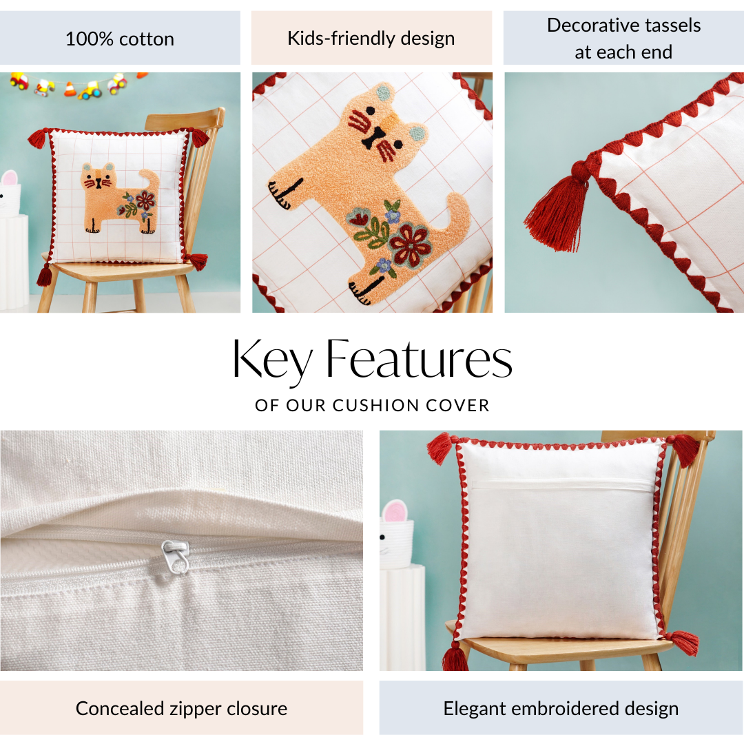 Floral Cat Embroidered Cushion Cover With Tassels 42x42cm Nestasia