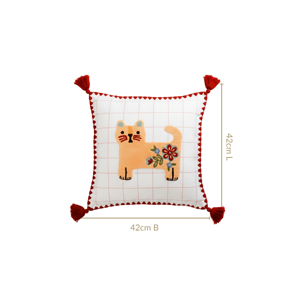 Floral Cat Embroidered Cushion Cover With Tassels 42x42cm Nestasia