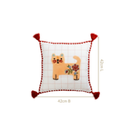 Floral Cat Embroidered Cushion Cover With Tassels 42x42cm Nestasia