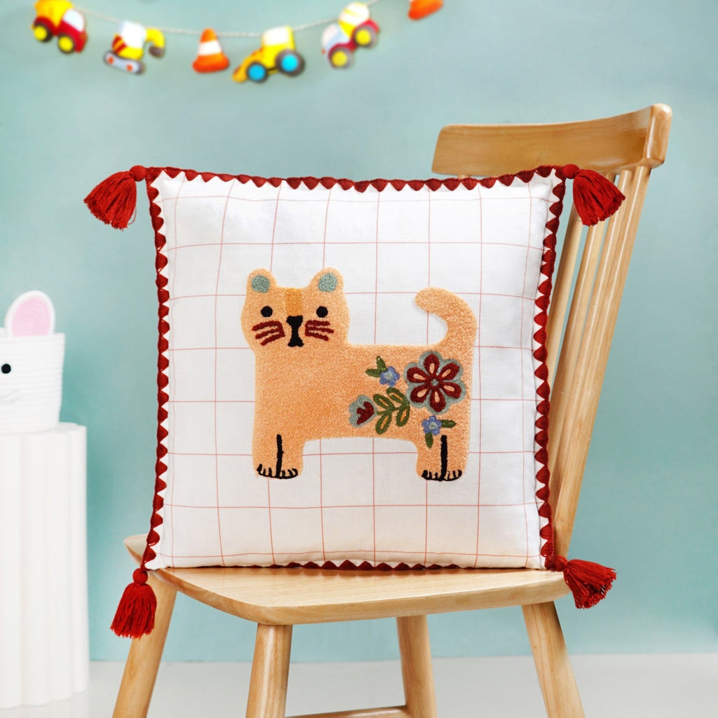 Floral Cat Embroidered Cushion Cover With Tassels 42x42cm Nestasia
