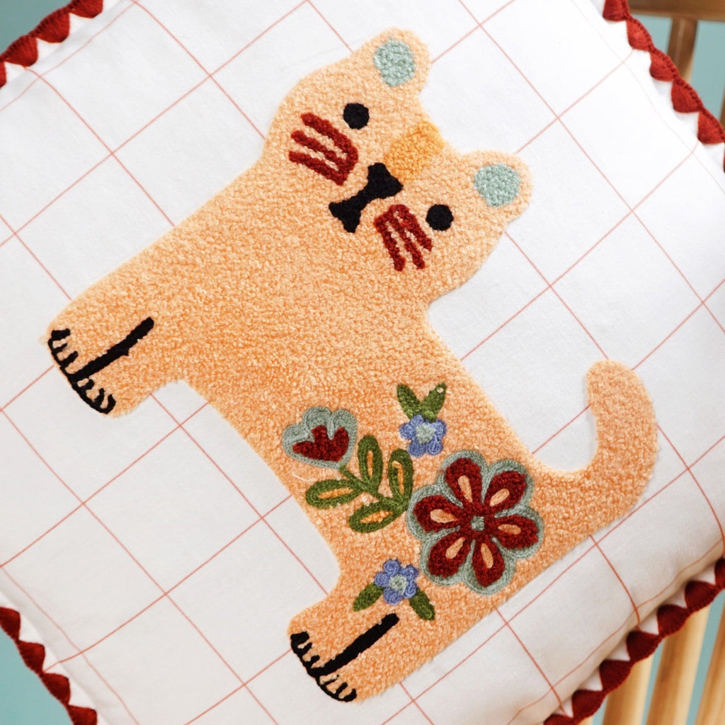 Floral Cat Embroidered Cushion Cover With Tassels 42x42cm Nestasia