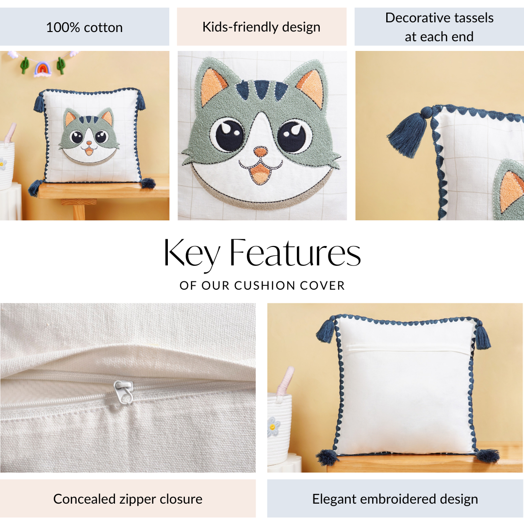 Cat Embroidered Kids Cushion Cover 42x42cm Nestasia