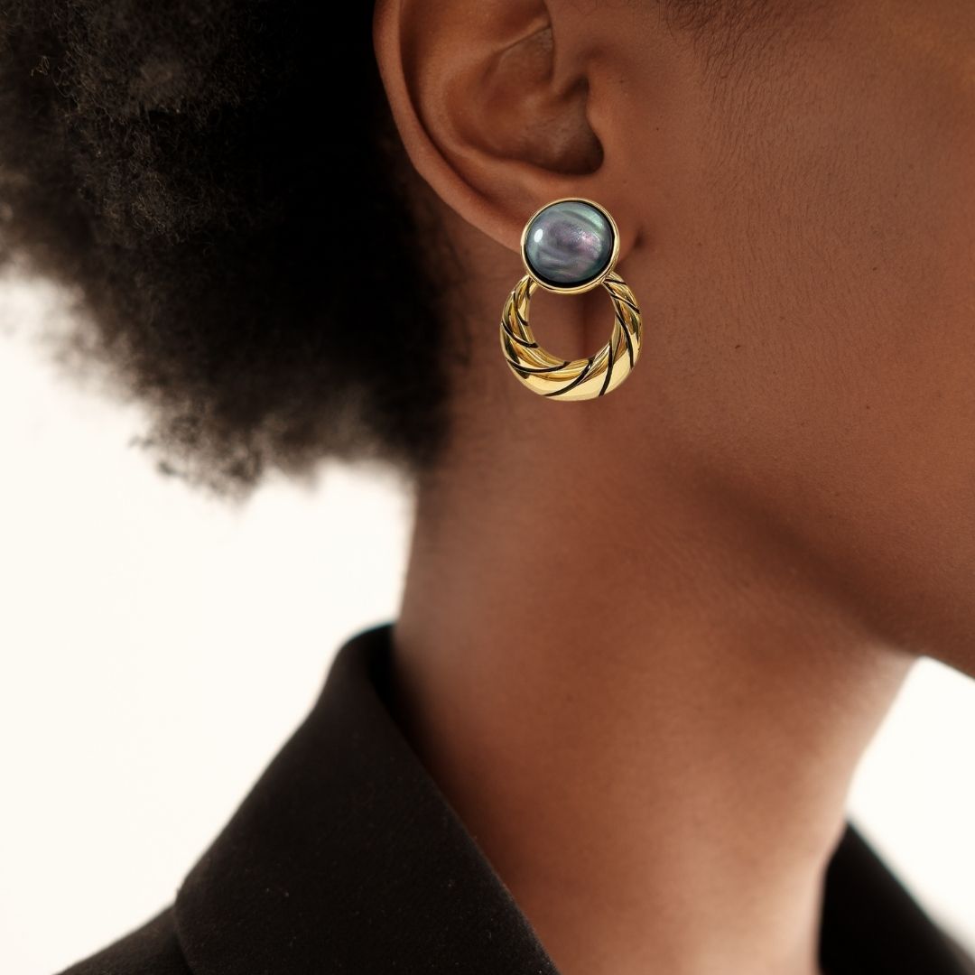 Celestial Opal Hoop Dangler Earrings Grey Nestasia