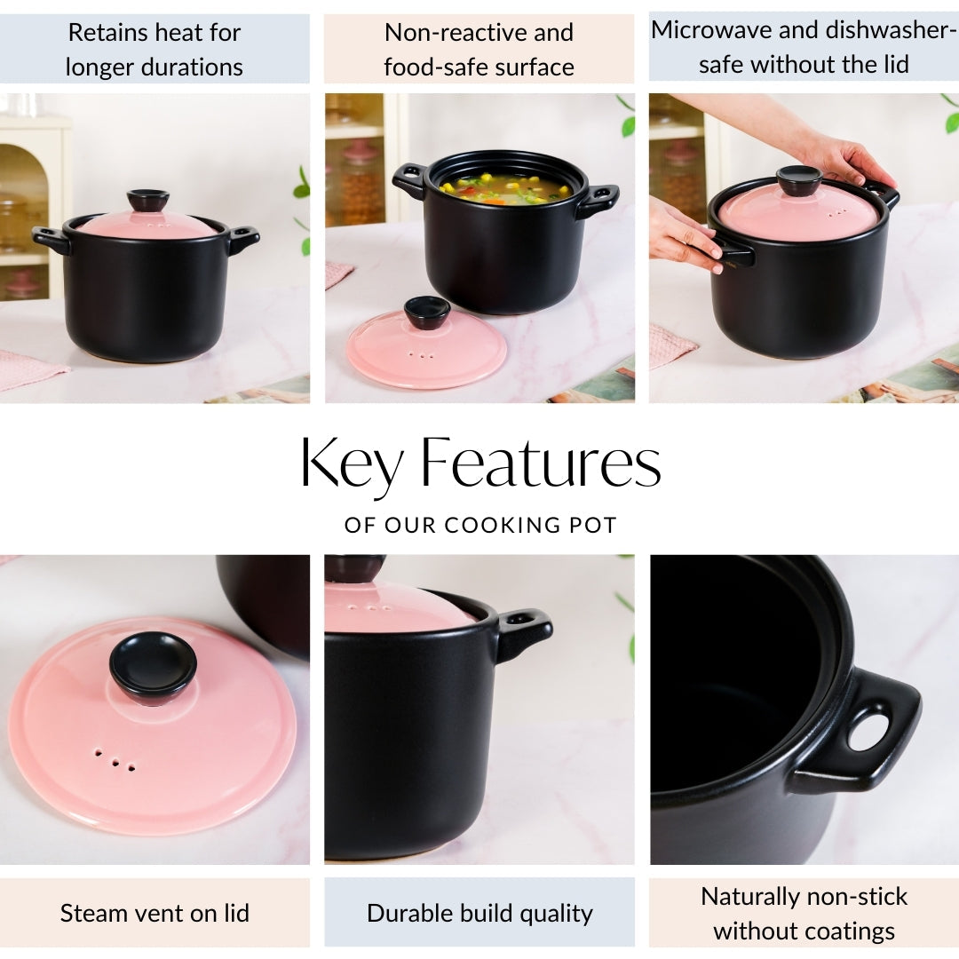 Flamora Ceramic Cooking Pot Pink Black 4700ml Nestasia