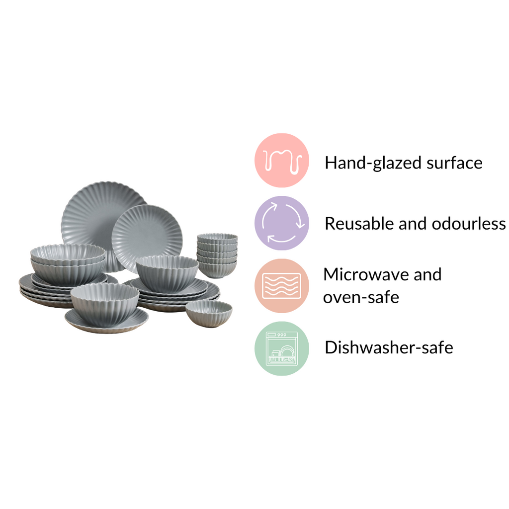 Grey Scalloped 22 Piece Dinner Set For 6 Nestasia