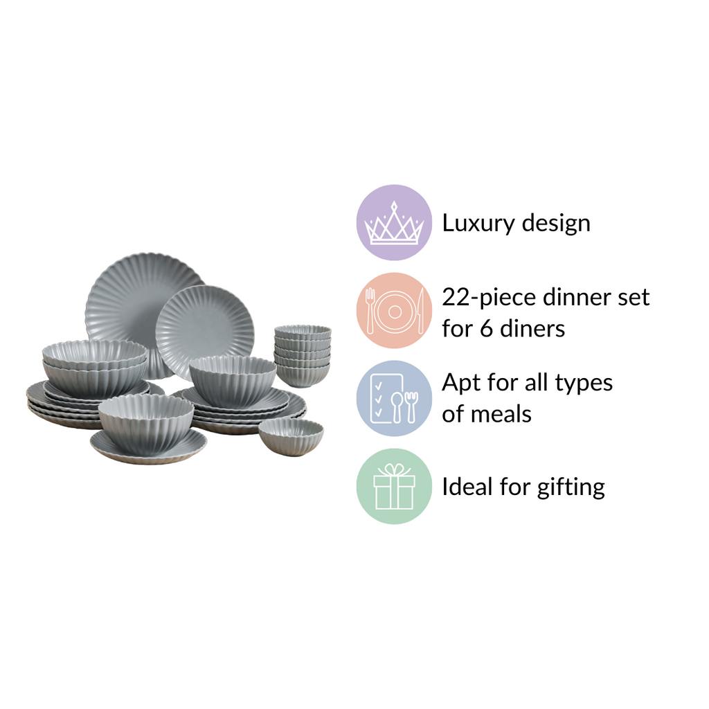 Grey Scalloped 22 Piece Dinner Set For 6 Nestasia