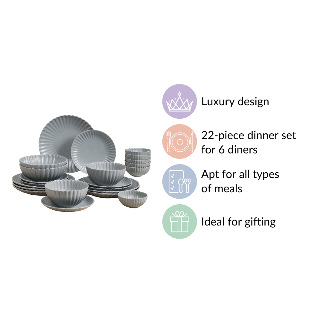 Grey Scalloped 22 Piece Dinner Set For 6 Nestasia