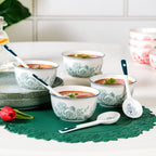Ceramic Rose Bowl With Spoon Set Of 4 Green White 400ml Nestasia
