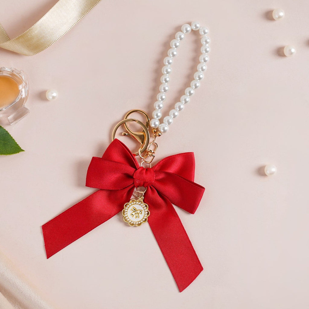 Charming Red Bow Keychain With Pearls Nestasia
