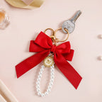 Charming Red Bow Keychain With Pearls Nestasia